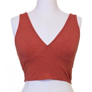 Burnt Orange Ribbed Crop Top V-Neck Casual Summer Cute Girly Cropped Size S